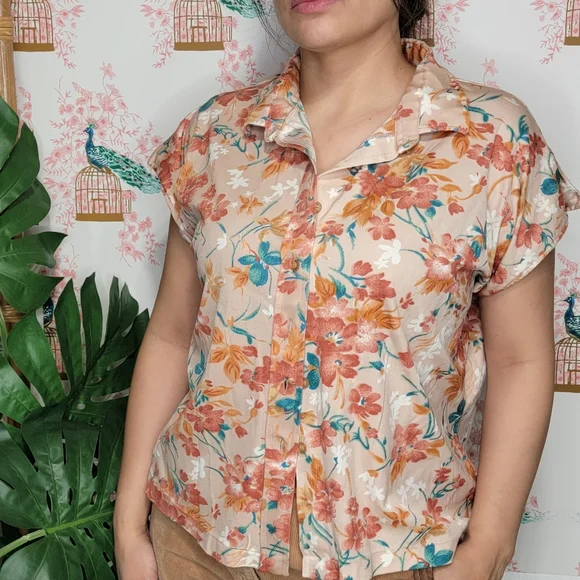 Vintage Floral 90's Shorts Cap Sleeved Button Down Floral Print Shirt - Picture 2 of 6